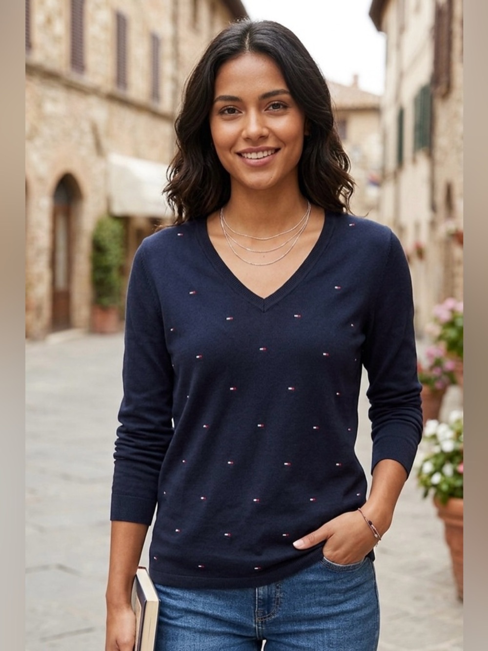 Tommy Hilfiger Navy V-Neck Sweater with Tiny Red & White Flag Dots